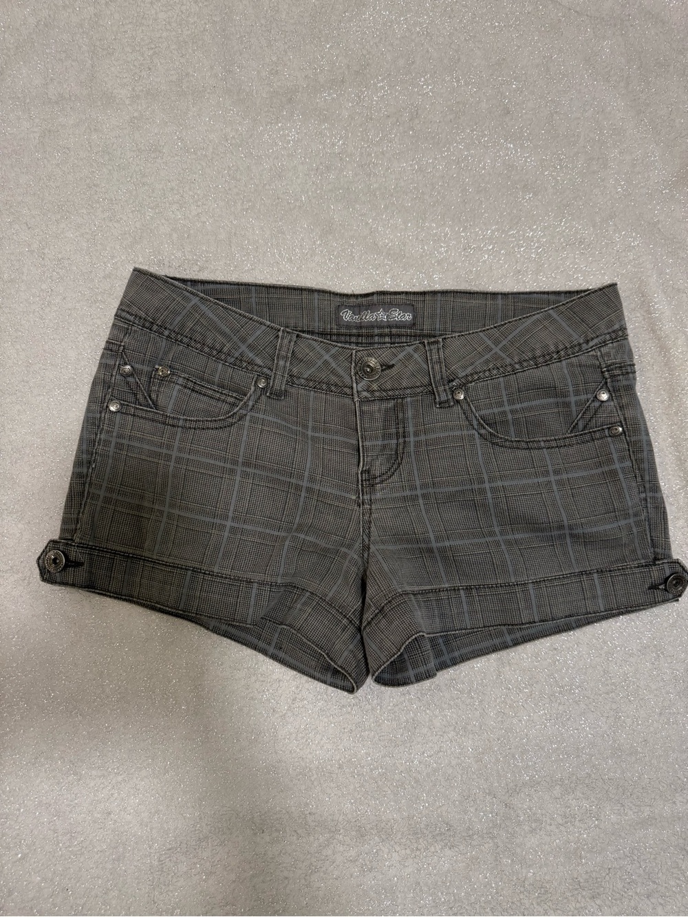 Vanilla Star Gray Plaid Roll-Cuff Jean Shorts